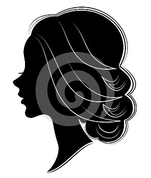 Silhouette of a profile of a sweet lady`s head. The girl shows a female hairstyle on medium and long hair. Suitable for logo,