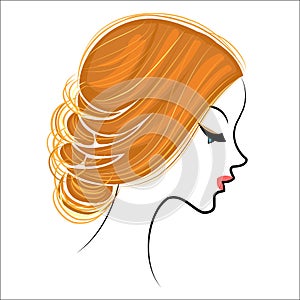 Silhouette of a profile of a sweet lady`s head. The girl shows a female hairstyle on medium and long hair. Suitable for logo,