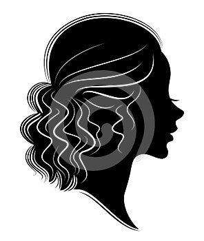 Silhouette of a profile of a sweet lady`s head. The girl shows a female hairstyle on medium and long hair. Suitable for logo,