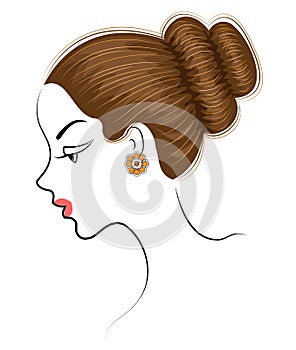 Silhouette of a profile of a sweet lady`s head. The girl shows a female hairstyle on medium and long hair. Suitable for logo,