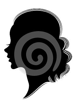 Silhouette of a profile of a sweet lady`s head. The girl shows a female hairstyle on medium and long hair. Suitable for logo,