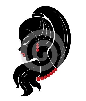 Silhouette of a profile of a sweet lady`s head. The girl shows a female hairstyle on medium and long hair, tail. Suitable for log