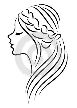 Silhouette of a profile of a sweet lady`s head. A girl shows a female tail-hairstyle on long and medium hair. Suitable for logo,