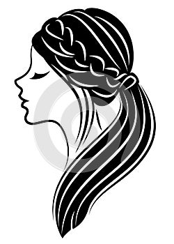 Silhouette of a profile of a sweet lady`s head. A girl shows a female tail-hairstyle on long and medium hair. Suitable for logo,