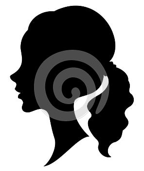 Silhouette of a profile of a sweet lady`s head. A girl shows a female tail-hairstyle on long and medium hair. Suitable for logo,