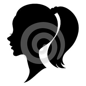 Silhouette of a profile of a sweet lady`s head. A girl shows a female tail-hairstyle on long and medium hair. Suitable for logo,