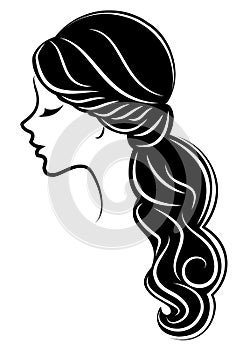 Silhouette of a profile of a sweet lady`s head. A girl shows a female tail-hairstyle on long and medium hair. Suitable for logo,