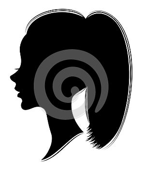 Silhouette of a profile of a sweet lady`s head. A girl shows a female tail-hairstyle on long and medium hair. Suitable for logo,