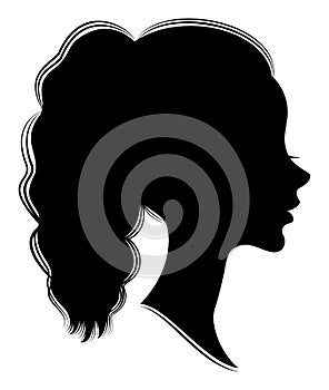 Silhouette of a profile of a sweet lady`s head. A girl shows a female tail-hairstyle on long and medium hair. Suitable for logo,