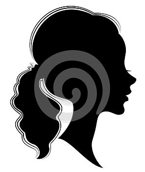 Silhouette of a profile of a sweet lady s head. A girl shows a female tail-hairstyle on long and medium hair. Suitable for logo,