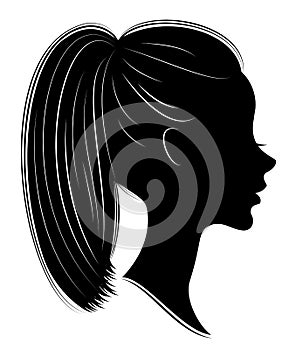 Silhouette of a profile of a sweet lady s head. A girl shows a female tail-hairstyle on long and medium hair. Suitable for logo,