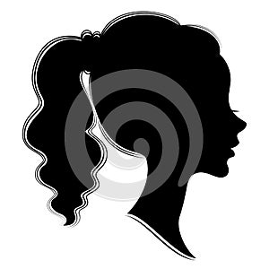 Silhouette of a profile of a sweet lady s head. A girl shows a female tail-hairstyle on long and medium hair. Suitable for logo,