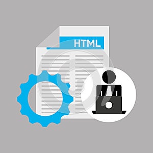 Silhouette programmer working laptop language gear