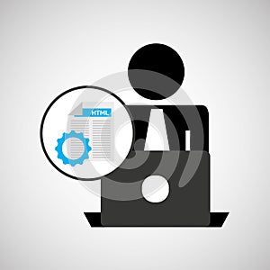 Silhouette programmer working laptop language gear