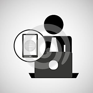 Silhouette programmer working laptop mobile globe