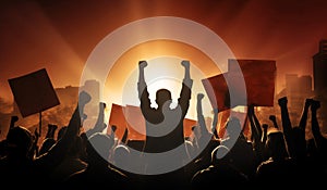 A silhouette of a protester with raised fists amidst a crowd holding banners at a rally against the sunlight