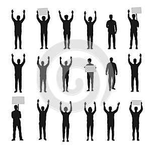 Silhouette of protesting people with hands up vector set