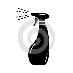 Silhouette Pulverizer vial. Outline icon of hand-shaped figured bottle with atomizer and flying drops. Illustration of sprayer,