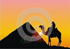 Silhouette of the pyramid and bedouin on camel