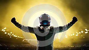 Silhouette of race car driver celebrating victory