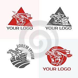 Silhouette of racing horse with jockey. Equestrian sport. Vintage bikes motor club vector logo. Bikers band logotype tee