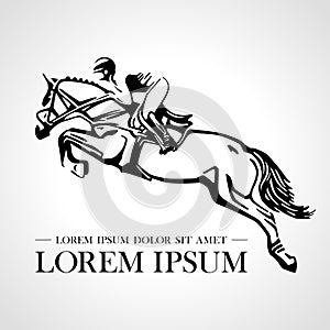 Silhouette of racing horse with jockey. Logo. Design icons. Equestrian sport. Jockey riding jumping horse. Poster. Sport