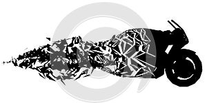 Silhouette of a racing motorcycle crumbling into fragments isolated on white background. Side view. Vector illustration