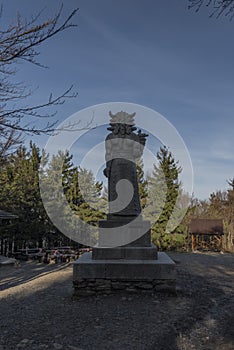 Silhouette of Radegast statue on road between Pustevny and Radhost hill