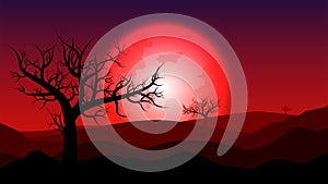 silhouette rainless landscape;blood moon on desert at twilight;desert in summer season;desert wallpaper or