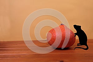 Silhouette of a rat near a pumpkin on wooden table against yellow background. Halloween concept photo