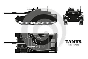 Silhouette of realistic tank blueprint. Armored car on white background. Top, side, front views War camouflage transport