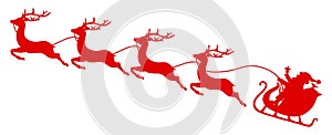 Silhouette Red Christmas Sleigh Santa And Four Flying Reindeers