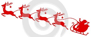 Silhouette Red Christmas Sleigh Santa And Four Flying Reindeers With Stars