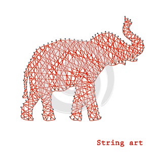 Silhouette of a red elephant. Nail thread string art vector design