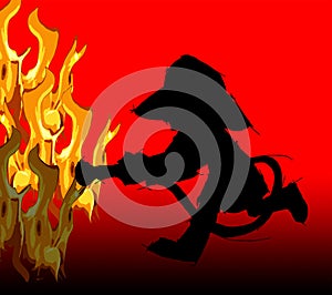 Silhouette Red Firefighter and Fire, Cartoon