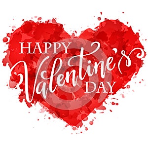 Silhouette of red painted heart, vector illustration on white background, hand written lettering Happy Valentines day