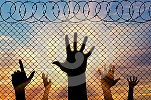 Silhouette refugees hands near the border fence photo