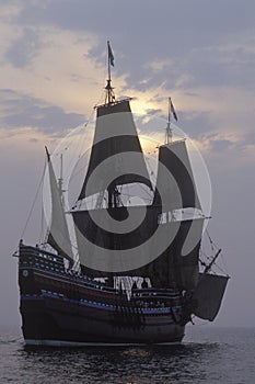 Silhouette of a replica of Mayflower II, Plymouth, Massachusetts