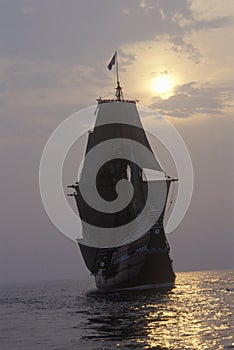 Silhouette of a replica of Mayflower II, Plymouth, Massachusetts