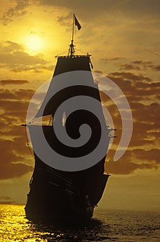 Silhouette of a replica of the Mayflower at sunset, Plymouth, Massachusetts