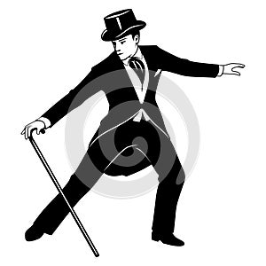 Silhouette of Retro Dancer. Man in tailcoat and top hat with cane dancing