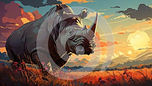 Silhouette of rhinoceros grazing on grass in African savannah generated by AI