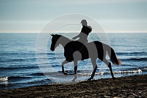 Silhouette of Rider at the beach riding horse