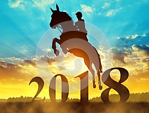 Silhouette the rider on the horse jumping into the New Year 2018.