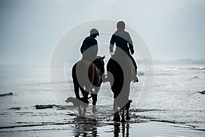 Silhouette of Riders at the beach riding horses