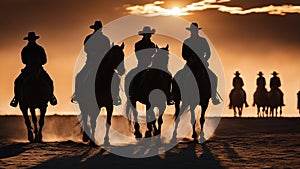 silhouette of riders A sunset with horse rider and shadows. The sunset is painted with orange and yellow,