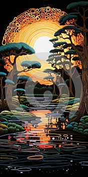 Silhouette Of A River: Artistic Reflections In Colorful Woodcarvings