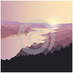 Silhouette of river, mountains, hills and forest on the sun and sky background. Concept adventure landscape. Summer travel. Spring
