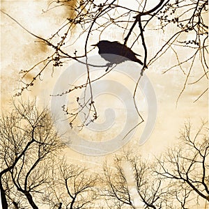 Silhouette of robin on bare tree