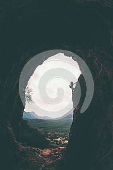 Silhouette of a rock climber on a background of Turkish mountains